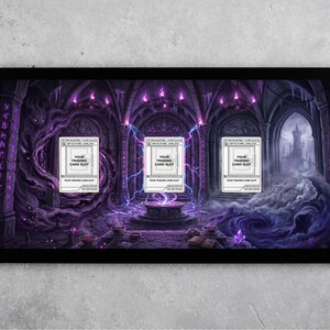 May include: A fantasy-themed playmat with a dark, gothic interior design. The playmat features three card slots with text that reads "YOUR TRADING CARD SLOT". The artwork includes purple and black hues, lightning, and a castle.
