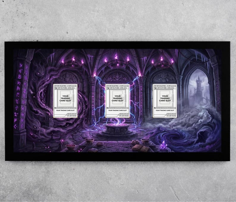May include: A fantasy-themed playmat with a dark, gothic interior design. The playmat features three card slots with text that reads "YOUR TRADING CARD SLOT". The artwork includes purple and black hues, lightning, and a castle.