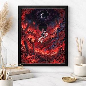 May include: Black 8x10 frame with a fantasy art print depicting a city engulfed in flames under a crescent moon. The artwork is predominantly red and black, with the text "CARD IS NOT INCLUDED".