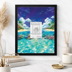 May include: An 8x10 inch black framed print featuring a tropical beach scene with turquoise water, palm trees, and a blue sky with clouds. The print includes a white label that reads "YOUR TRADING CARD SLOT" and "CARD NUMBER #226-217".
