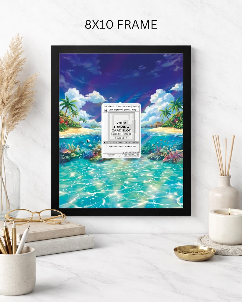May include: An 8x10 inch black framed print featuring a tropical beach scene with turquoise water, palm trees, and a blue sky with clouds. The print includes a white label that reads "YOUR TRADING CARD SLOT" and "CARD NUMBER #226-217".