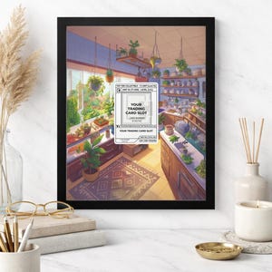 May include: An 8x10 framed print featuring a detailed illustration of a kitchen scene with hanging plants and a variety of herbs and vegetables. The print includes text that reads "YOUR TRADING CARD SLOT" and "CARD NUMBER #143/142". The frame is black.