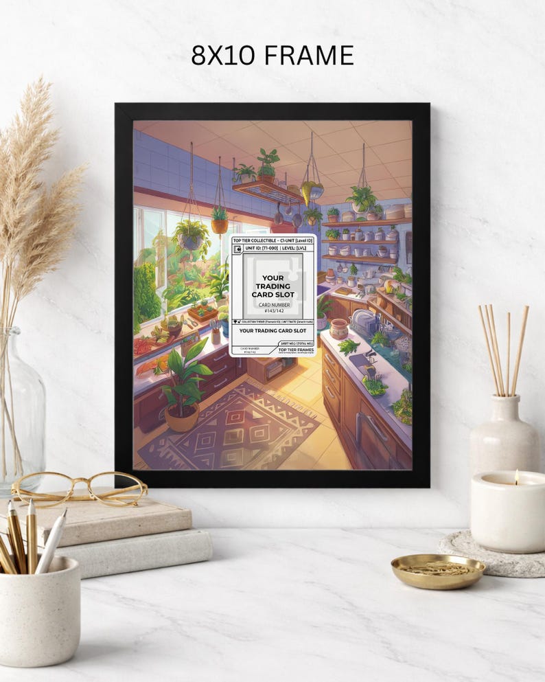 May include: An 8x10 framed print featuring a detailed illustration of a kitchen scene with hanging plants and a variety of herbs and vegetables. The print includes text that reads "YOUR TRADING CARD SLOT" and "CARD NUMBER #143/142". The frame is black.