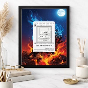 May include: A black 8x10 frame featuring a fantasy-themed artwork. The artwork depicts a fiery landscape with a full moon and blue flames. A trading card slot is visible, with the text "YOUR TRADING CARD SLOT" and card number #125/094.