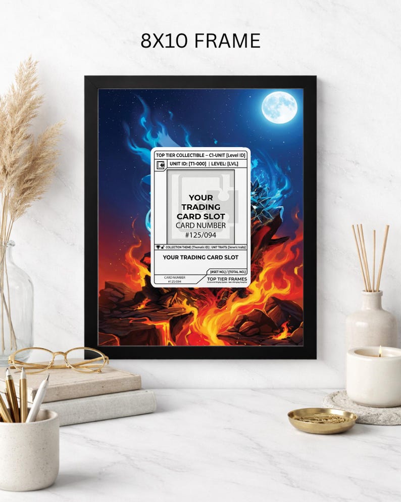 May include: A black 8x10 frame featuring a fantasy-themed artwork. The artwork depicts a fiery landscape with a full moon and blue flames. A trading card slot is visible, with the text "YOUR TRADING CARD SLOT" and card number #125/094.