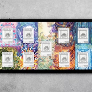 Puede incluir: Un marco de exhibición con diez ranuras para tarjetas coleccionables, cada una con un fondo colorido único. Cada ranura incluye el texto "YOUR TRADING CARD SLOT" y "CARD NUMBER #123/123". Los fondos varían en estilo.