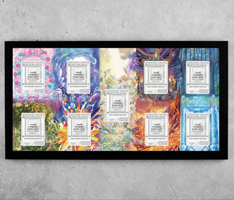 Puede incluir: Un marco de exhibici&oacute;n con diez ranuras para tarjetas coleccionables, cada una con un fondo colorido &uacute;nico. Cada ranura incluye el texto "YOUR TRADING CARD SLOT" y "CARD NUMBER #123/123". Los fondos var&iacute;an en estilo.
