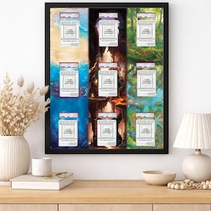 151 Evolution Origins Rahmen | Elemental Trio erweiterte Kunst | 9 Karte Wandaufsteller | Benutzerdefinierte TKG Leinwand | Magnethülle PSA Slab | 16x20 Bild 2