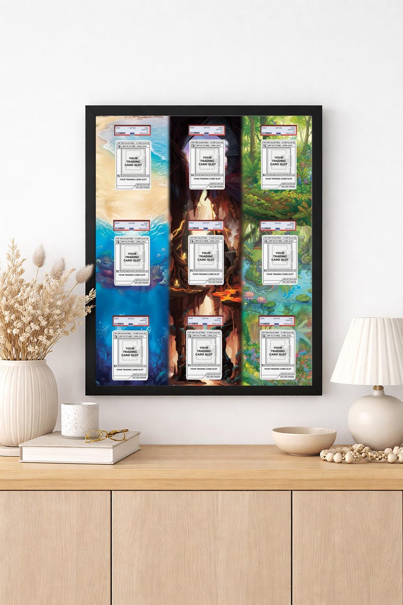 151 Evolution Origins Rahmen | Elemental Trio erweiterte Kunst | 9 Karte Wandaufsteller | Benutzerdefinierte TKG Leinwand | Magnethülle PSA Slab | 16x20 Bild 2