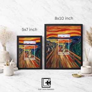May include: Two black rectangular frames displaying a print of a bridge scene with a vibrant orange and red sky. The frames are labeled 5x7 inch and 8x10 inch. Each frame contains a central rectangular insert with text stating CARD IS NOT INCLUDED.