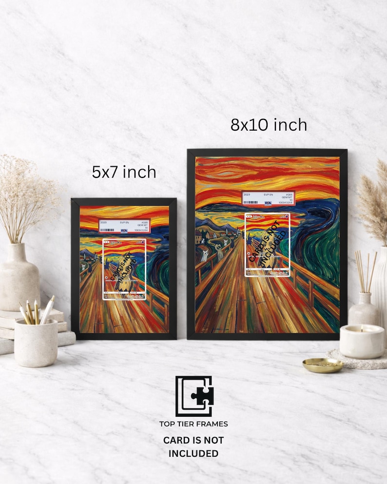 May include: Two black rectangular frames displaying a print of a bridge scene with a vibrant orange and red sky. The frames are labeled 5x7 inch and 8x10 inch. Each frame contains a central rectangular insert with text stating CARD IS NOT INCLUDED.