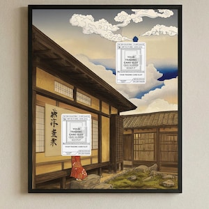 May include: Framed print with a Japanese-style illustration of a traditional building and a cloudy sky. The print includes Japanese text and two trading card slots with card numbers.