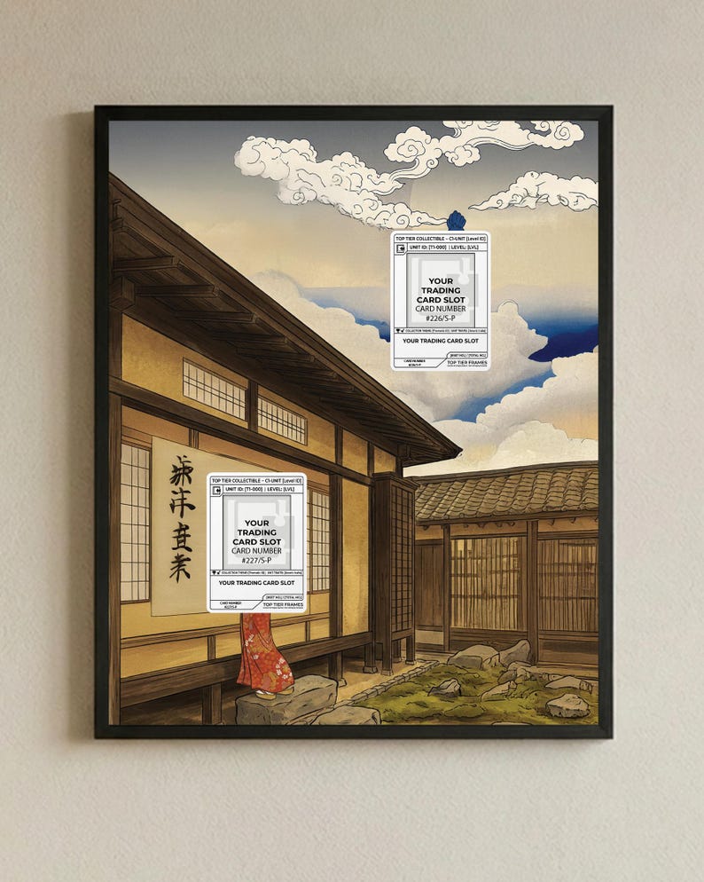 May include: Framed print with a Japanese-style illustration of a traditional building and a cloudy sky. The print includes Japanese text and two trading card slots with card numbers.