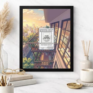 May include: Black 8x10 frame with an anime-style illustration of a cityscape at sunset. The artwork features a balcony with a trading card slot label. The frame is displayed on a white surface with decorative items.