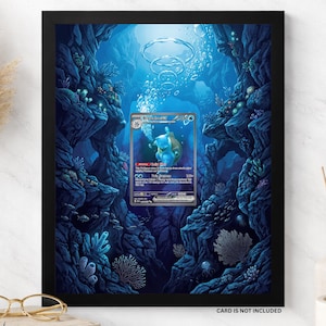 May include: A black 8x10 frame containing a print of an underwater scene with a Blastoise trading card centered in the display. The artwork features dark blue rocky formations, coral, and bubbles. Text at the top reads 8X10 FRAME and CARD IS NOT INCLUDED.