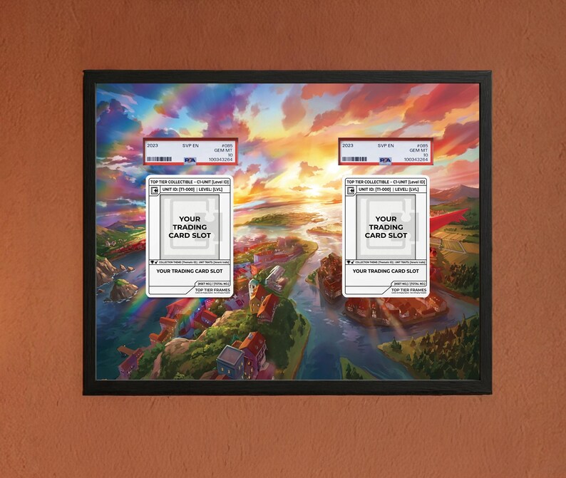 May include: A framed artwork featuring a vibrant landscape with a river and buildings under a colorful sky. The frame holds two trading card slots with text that reads "YOUR TRADING CARD SLOT". Above the slots are labels with text and barcodes.