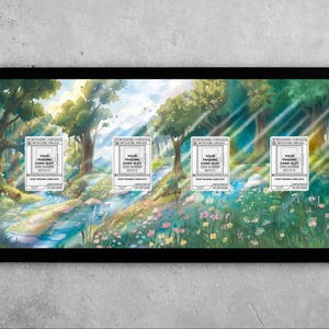 May include: A black framed display featuring a vibrant landscape painting with a stream, trees, and flowers. Four trading card slots are visible, each with text that reads "YOUR TRADING CARD SLOT CARD NUMBER".