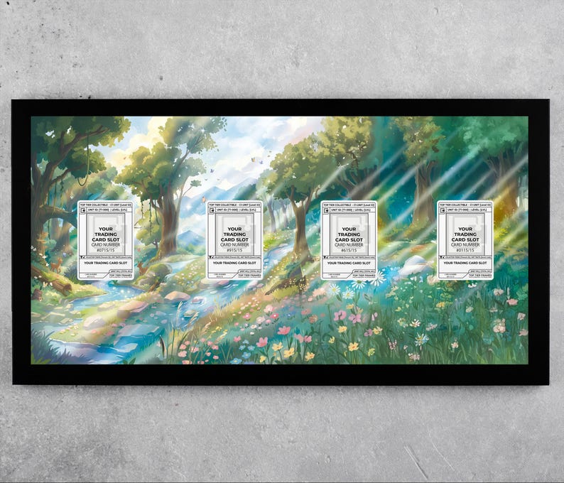 May include: A black framed display featuring a vibrant landscape painting with a stream, trees, and flowers. Four trading card slots are visible, each with text that reads "YOUR TRADING CARD SLOT CARD NUMBER".