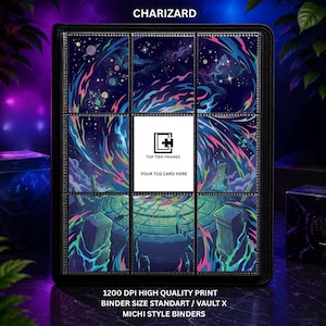 May include: A black trading card binder featuring a vibrant space-themed illustration with blue, pink, and purple cosmic swirls and stone ruins. The center displays a white square with the text TOP TIER FRAMES YOUR TCG CARD HERE. Text below reads 1200 DPI HIGH QUALITY PRINT BINDER SIZE STANDART / VAULT X MICHI STYLE BINDERS.