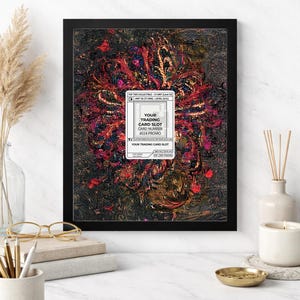 Puede incluir: Una obra de arte enmarcada de 8x10 pulgadas con un borde negro. El arte abstracto presenta una mezcla de colores rojo, dorado y negro. Una etiqueta blanca en el centro dice "YOUR TRADING CARD SLOT" y "#024 PROMO".
