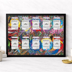 May include: A framed artwork featuring nine trading card holders against a colourful abstract background. Each holder has a white label with the text "YOUR TRADING CARD SLOT". The artwork is in a black frame.