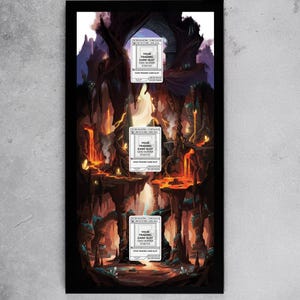 Puede incluir: Una impresi&oacute;n art&iacute;stica enmarcada que representa un paisaje volc&aacute;nico con tres ranuras para tarjetas coleccionables. La obra de arte presenta lava ardiente, formaciones rocosas oscuras y el texto "YOUR TRADING CARD SLOT" en cada ranura.