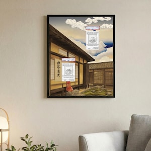 May include: Framed art print depicting a Japanese building against a cloudy sky. Two trading card holders are superimposed on the image. The print includes Japanese text and the words "YOUR TRADING CARD SLOT" on the card holders.