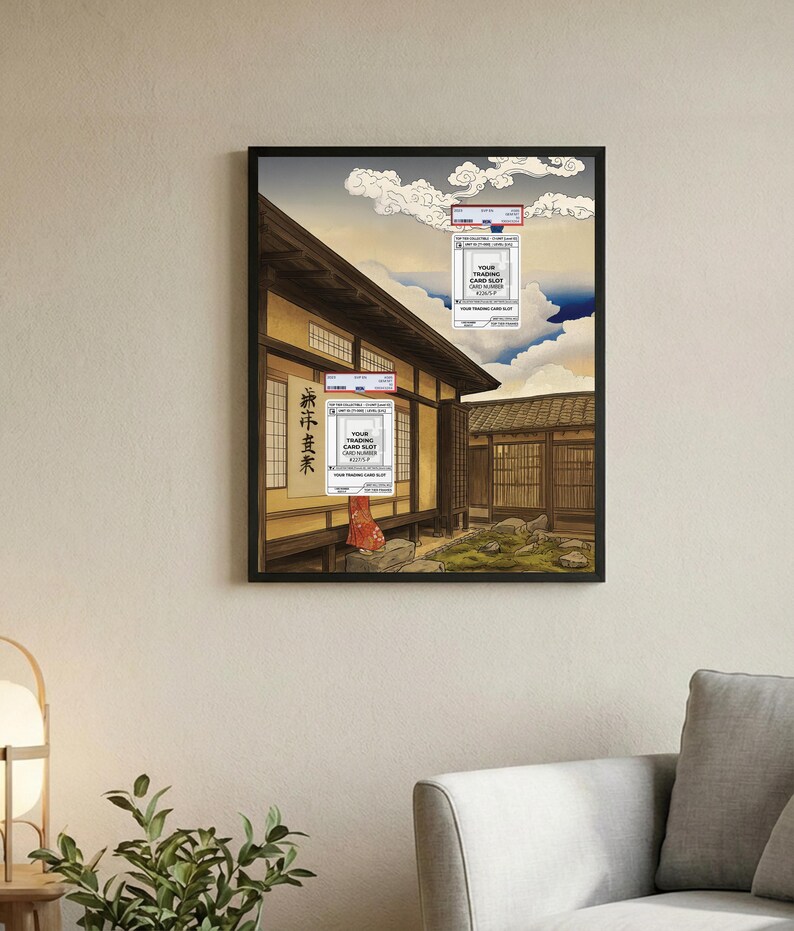 May include: Framed art print depicting a Japanese building against a cloudy sky. Two trading card holders are superimposed on the image. The print includes Japanese text and the words "YOUR TRADING CARD SLOT" on the card holders.