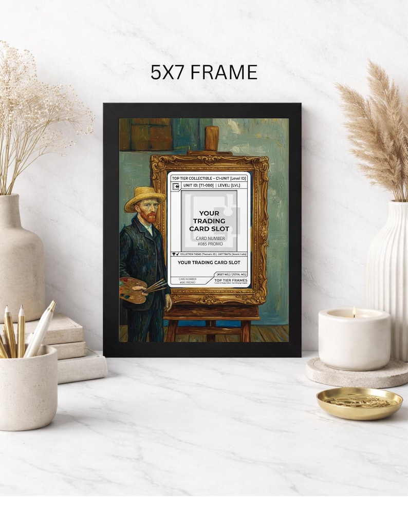 May include: A black 5x7 frame displaying a print of a painting of Vincent van Gogh. The painting includes a gold frame with a white trading card slot. The text "YOUR TRADING CARD SLOT" is visible. The frame is displayed on a white surface.