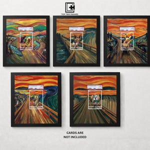 May include: Five black square frames containing prints of The Scream painting, each featuring a central rectangular cutout for a trading card. The text TOP TIER FRAMES appears at the top, and CARDS ARE NOT INCLUDED is printed at the bottom.