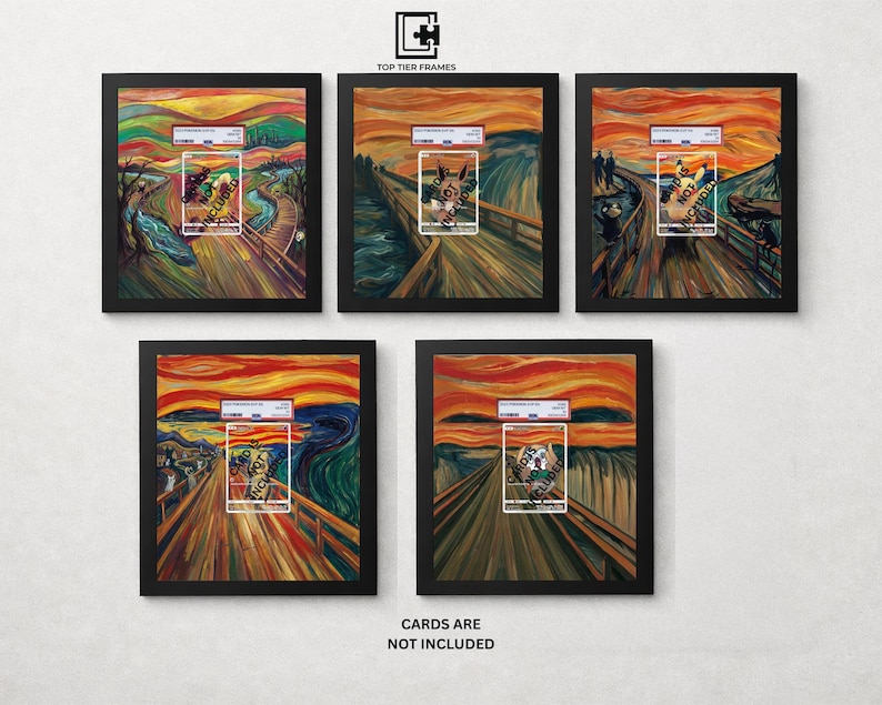 May include: Five black square frames containing prints of The Scream painting, each featuring a central rectangular cutout for a trading card. The text TOP TIER FRAMES appears at the top, and CARDS ARE NOT INCLUDED is printed at the bottom.