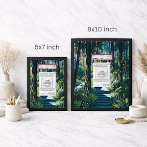 May include: Two framed art prints, 5x7 inches and 8x10 inches, feature a serene forest scene with a path. Each frame has a trading card slot label with text. The prints are displayed on a marble surface.