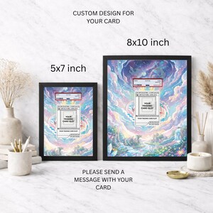 May include: Two framed prints, 5x7 inches and 8x10 inches, with black frames. The artwork features a colorful fantasy landscape with text that reads "CUSTOM DESIGN FOR YOUR CARD" and "YOUR TRADING CARD SLOT".