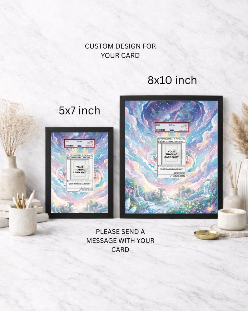 May include: Two framed prints, 5x7 inches and 8x10 inches, with black frames. The artwork features a colorful fantasy landscape with text that reads "CUSTOM DESIGN FOR YOUR CARD" and "YOUR TRADING CARD SLOT".
