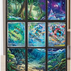 May include: A black display frame with nine rectangular slots containing illustrated trading cards. The cards feature vibrant scenes of forests, starry skies, and water, with three cards labeled "CARD IS NOT INCLUDED" and text "INSTANT DOWNLOAD".
