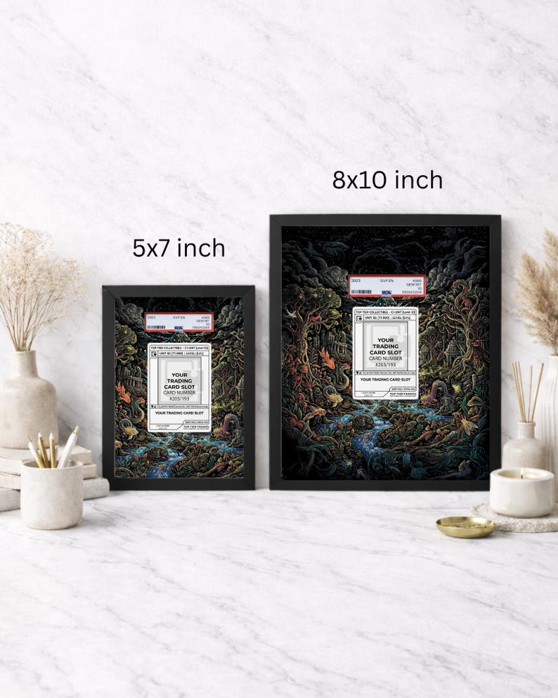 May include: Two framed art prints, one 5x7 inches and the other 8x10 inches, feature a detailed fantasy illustration with a trading card slot design. The artwork is set in a dark forest with a river, and includes the text "YOUR TRADING CARD SLOT".