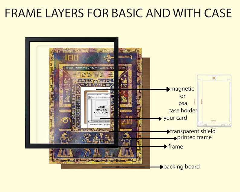 May include: Diagram of frame layers for a trading card, including a backing board, frame, printed frame, transparent shield, and a magnetic or PSA case holder. The card itself is visible in a slot. Text at the top reads "FRAME LAYERS FOR BASIC AND WITH CASE."