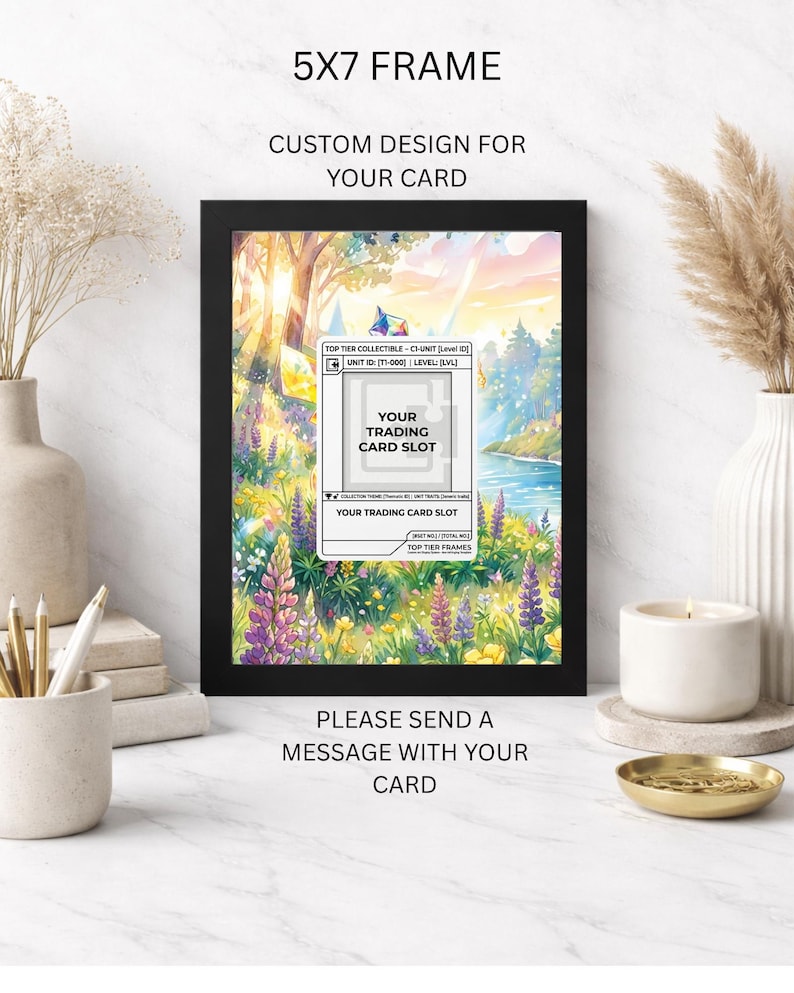 May include: A black 5x7 frame with the text "5X7 FRAME" and "CUSTOM DESIGN FOR YOUR CARD". The frame features a colourful landscape with a trading card slot. The text "PLEASE SEND A MESSAGE WITH YOUR CARD" is below the frame.