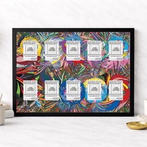 May include: A framed artwork with a black border, featuring a vibrant abstract design in various colours. The artwork includes ten white card slots with the text "YOUR TRADING CARD SLOT". Decorative elements include vases with dried plants and a lit candle.