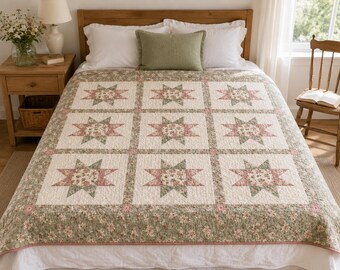 Modello PDF per trapunta a stella con fiori selvatici, guida per principianti alla trapunta a stella, tutorial facile per trapunta floreale in stile cottage, modello stampabile per coperta per neonati