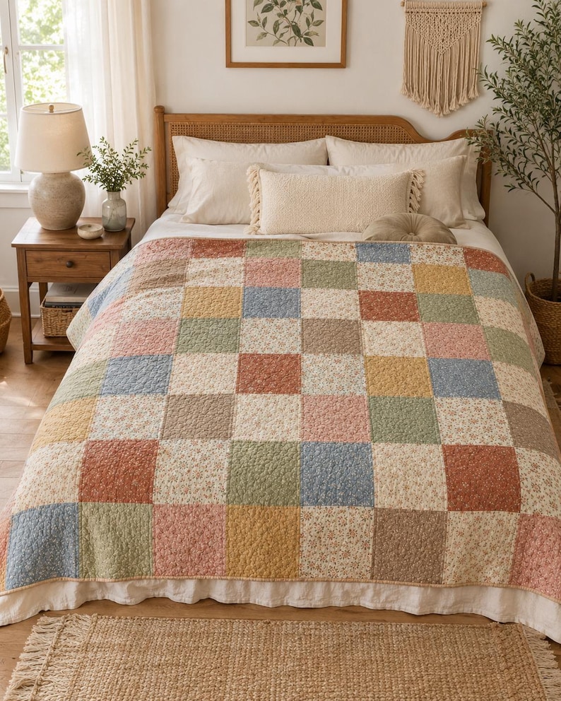 May include: A bed featuring a patchwork quilt in shades of pink, blue, green, and yellow. Some squares of the quilt have a floral pattern. The bed is dressed with white pillows and a decorative fringed cushion.