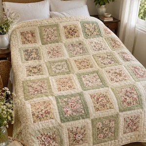 Può includere: Una trapunta patchwork caratterizzata da una griglia ripetuta di blocchi di tessuto floreale in tonalità rosa, crema e verde, incorniciati da bordi in verde salvia tinta unita e uno sfondo color crema con cuciture trapuntate su tutto il tessuto.