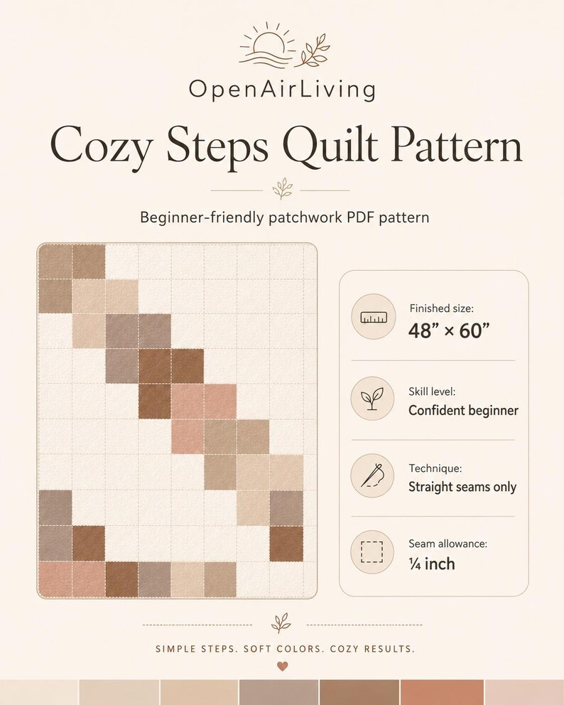 Puede incluir: Un patr&oacute;n de edred&oacute;n en PDF titulado OpenAirLiving Cozy Steps Quilt Pattern. Presenta un dise&ntilde;o de patchwork con un degradado diagonal de cuadrados marrones, beige y crema. Los detalles incluyen un tama&ntilde;o final de 122 cm por 152 cm.
