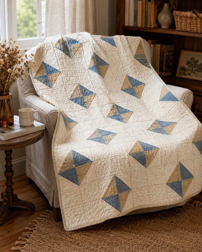 May include: A quilted throw blanket featuring a repeating pattern of cream-coloured squares interspersed with diamond-shaped blocks. Each diamond is divided into four triangles, alternating between muted blue and tan fabric, with visible stitching.