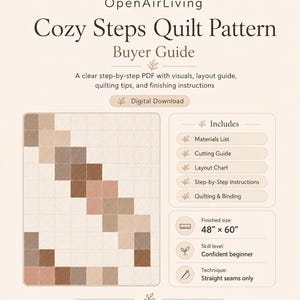 Puede incluir: Una gu&iacute;a de compra digital para el patr&oacute;n de edred&oacute;n Cozy Steps de OpenAirLiving. El documento presenta un fondo beige, una ilustraci&oacute;n de edred&oacute;n en cuadr&iacute;cula en tonos neutros, e incluye una lista de materiales, un tama&ntilde;o final de 122 por 152 cm y t&eacute;cnicas de costuras rectas.