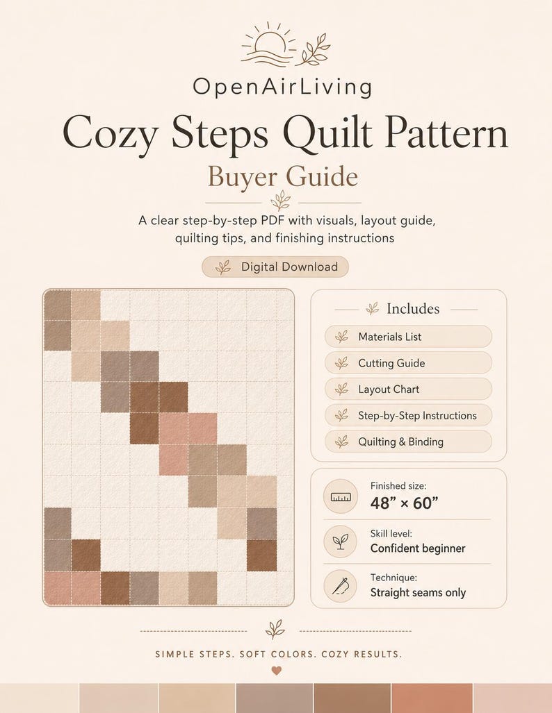 Puede incluir: Una gu&iacute;a de compra digital para el patr&oacute;n de edred&oacute;n Cozy Steps de OpenAirLiving. El documento presenta un fondo beige, una ilustraci&oacute;n de edred&oacute;n en cuadr&iacute;cula en tonos neutros, e incluye una lista de materiales, un tama&ntilde;o final de 122 por 152 cm y t&eacute;cnicas de costuras rectas.