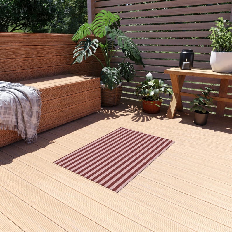 Striped Red Outdoor Rug | Patio Mat, Deck Rug, Weatherproof Stripes image 2