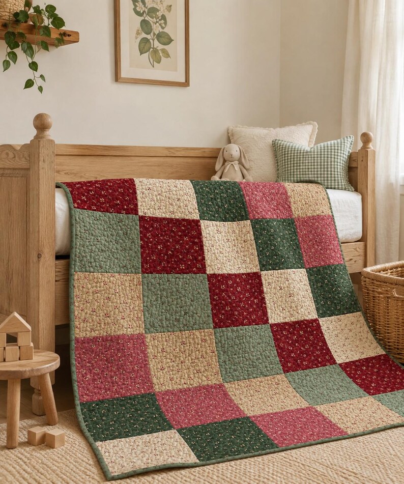May include: A patchwork quilt featuring a grid of square fabric panels in alternating colors of deep red, sage green, and cream, each decorated with a small-scale floral print. The quilt is draped over a wooden bed frame in a room setting.