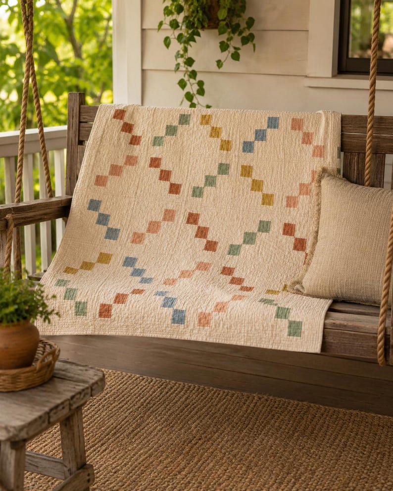 Op de afbeelding: Een cr&egrave;mekleurige quilt met een herhalend geometrisch patroon van kleine, vierkante blokjes in gedempte tinten blauw, groen, geel en terracotta. De stof heeft een zichtbaar geweven textuur en ligt gedrapeerd over een houten schommelbank.