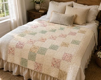 Modello PDF per trapunta Bloom Path, modello per trapunta Cottagecore per principianti, guida facile per realizzare una coperta patchwork, tutorial per trapunta floreale in stile rustico